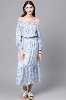 Blue Paisley Smocked Bardot Midi Dress