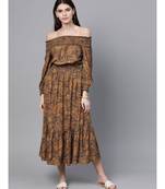 Brown Paisley Smocked Bardot Midi Dress