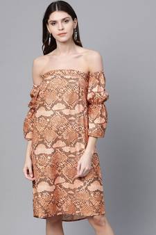 Brown Snake Print Bardot Shift Dress
