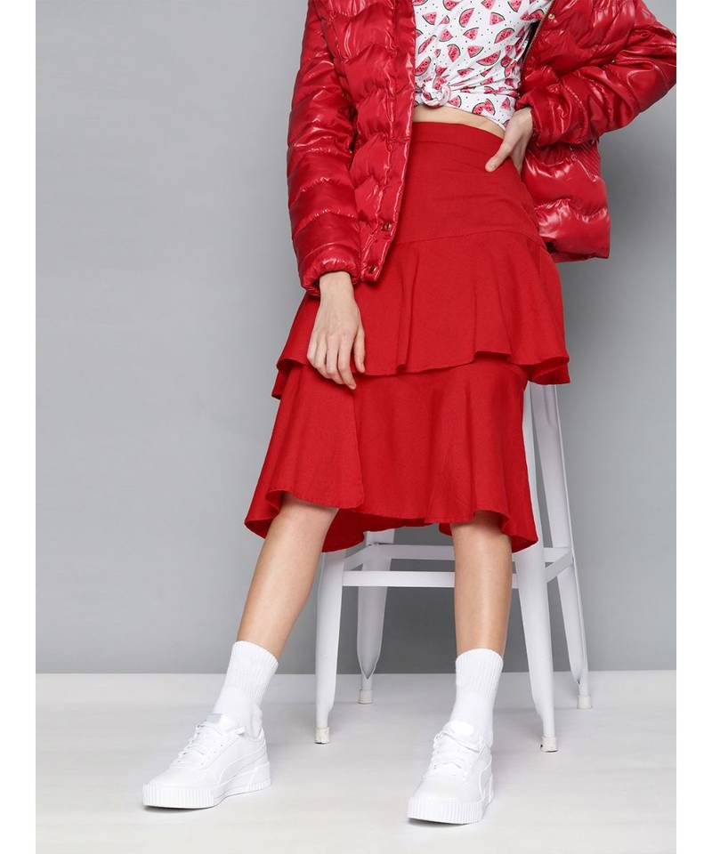 Red Layered Midi Skirt