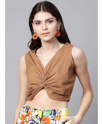 Brown Poplin Front Knot Crop Top 1