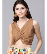 Brown Poplin Front Knot Crop Top