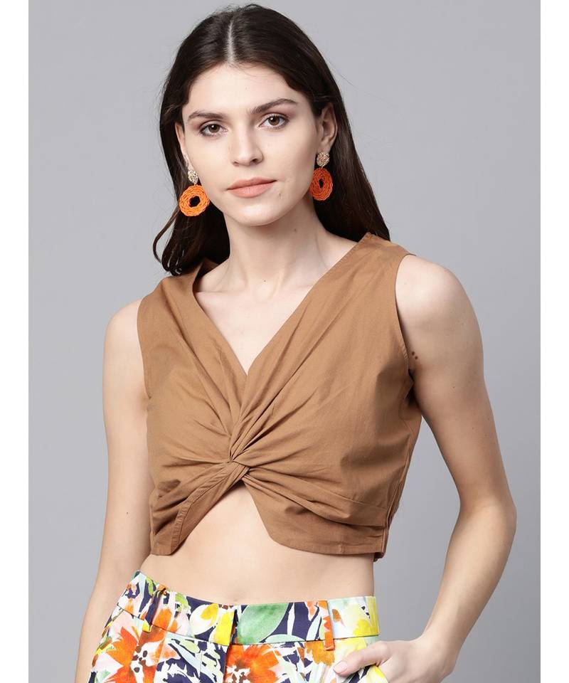Brown Poplin Front Knot Crop Top