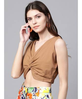 Brown Poplin Front Knot Crop Top 2