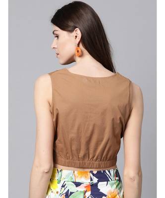 Brown Poplin Front Knot Crop Top 3