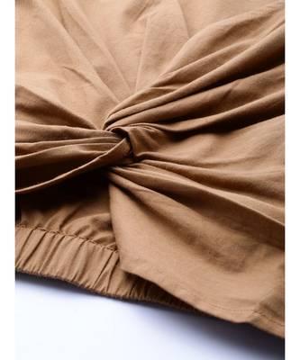 Brown Poplin Front Knot Crop Top 5