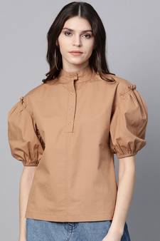 Brown Puff Sleeve Regular Top