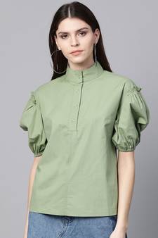Olive Puff Sleeve Regular Top