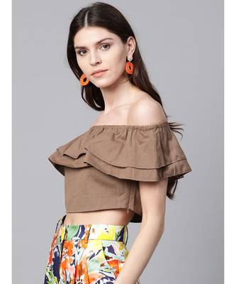 Brown Off Shoulder Layer Crop Top 2