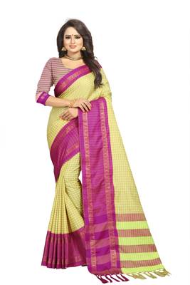 Purple Checkered Cotton Silk Saree With Blouse 1
