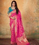 Pink woven Banarasi Silk Saree With Blouse Peice