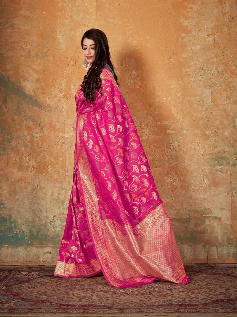 Pink woven Banarasi Silk Saree With Blouse Peice