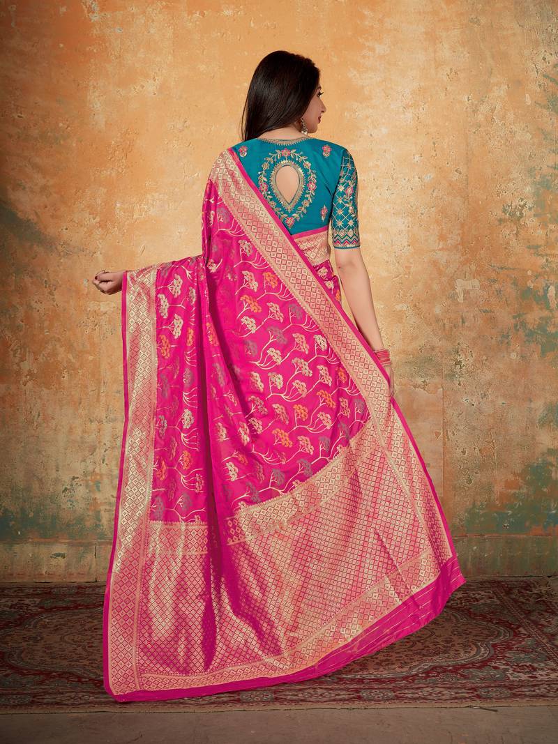 Pink woven Banarasi Silk Saree With Blouse Peice