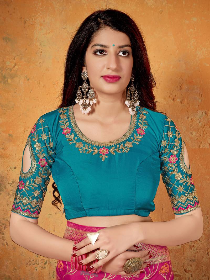 Pink woven Banarasi Silk Saree With Blouse Peice