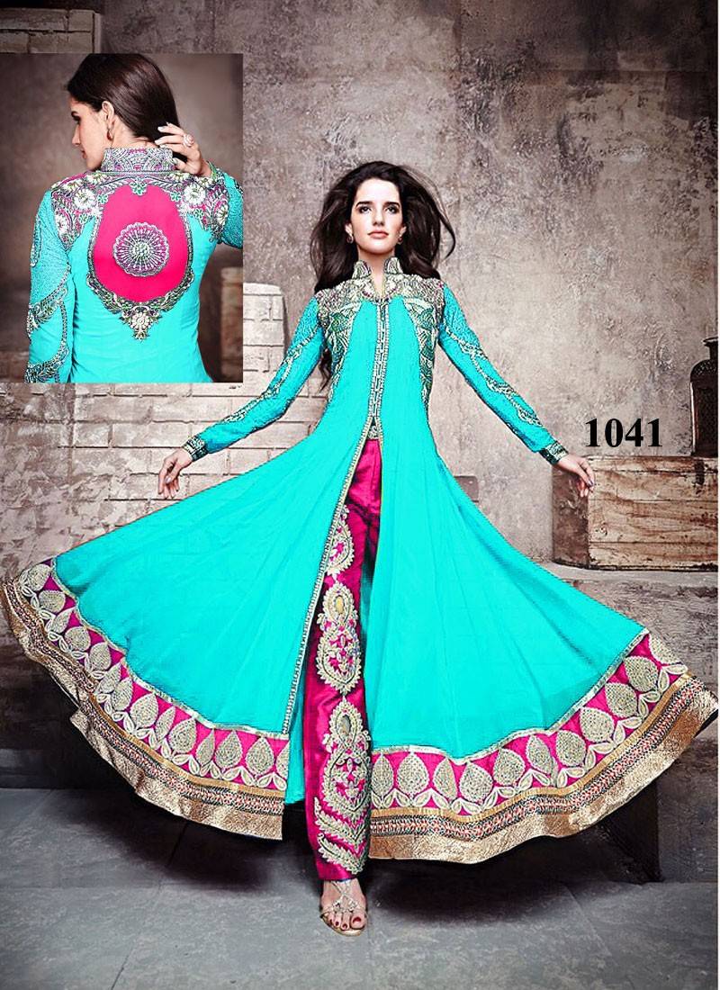 Blue Embroidered Georgette semi stitched salwar with dupatta