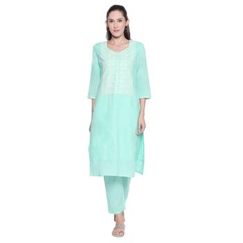 Blue Cotton Embroidered Kurta With Pant for Women 1