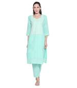 Blue Cotton Embroidered Kurta With Pant for Women
