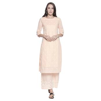 Peach Cotton Embroidered Kurta With Pant for Women 1