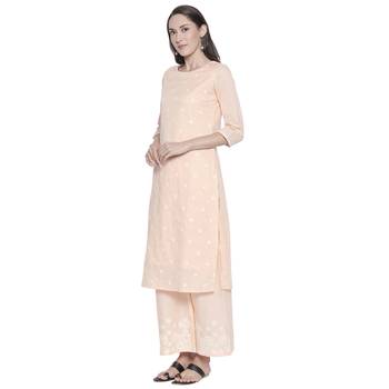 Peach Cotton Embroidered Kurta With Pant for Women 2