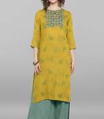 Janasya Women's Lemon Yellow Rayon Slub Kurta