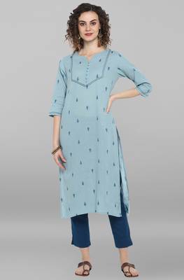 Janasya Women's Sky Blue Weaved Cotton Kurta 1