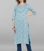 Janasya Women's Sky Blue Weaved Cotton Kurta