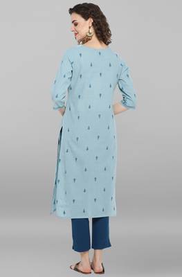 Janasya Women's Sky Blue Weaved Cotton Kurta 2