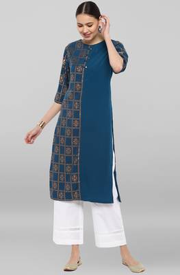 Janasya Women's Turquoise Blue Poly Crepe Kurta 1