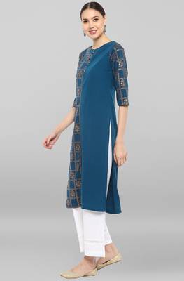Janasya Women's Turquoise Blue Poly Crepe Kurta 2