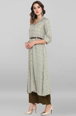 Janasya Women's Grey Rayon Kurta With Belt 2