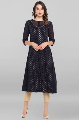 Janasya Women's Dark Blue Poly Crepe Kurta 1