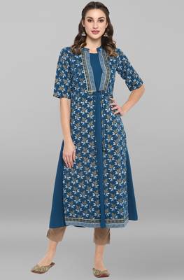 Janasya Women's Turquoise Poly Crepe Kurta With Jacket 1