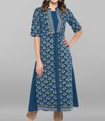 Janasya Women's Turquoise Poly Crepe Kurta With Jacket