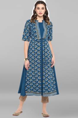 Janasya Women's Turquoise Poly Crepe Kurta With Jacket 2
