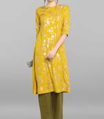 Janasya Women's Mustard Poly Crepe Kurta