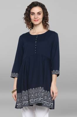 Janasya Women's Navy Blue Cotton Flex Kurti 1