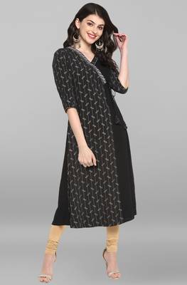 Janasya Indian Women's Black Poly Crepe Kurta 1