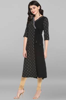 Janasya Indian Women's Black Poly Crepe Kurta 2