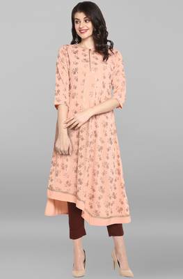 Janasya Indian Women's Light Pink Poly Crepe Kurta 1