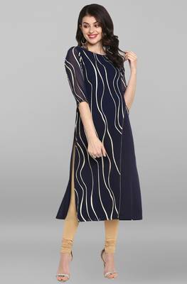 Janasya Indian Women's Navy Blue Poly Crepe Kurta 1