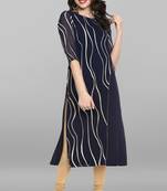 Janasya Indian Women's Navy Blue Poly Crepe Kurta