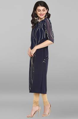 Janasya Indian Women's Navy Blue Poly Crepe Kurta 2