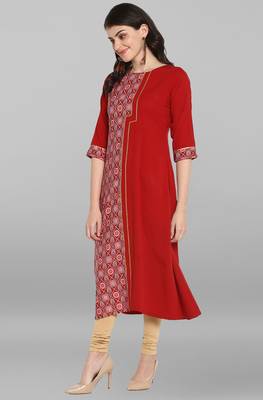 Janasya Indian Women's Maroon Poly Crepe Kurta 2