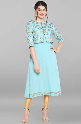 Indian Women's Turquoise Blue Poly Crepe Kurta 1