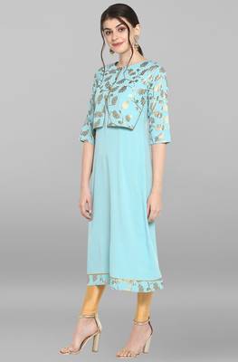 Indian Women's Turquoise Blue Poly Crepe Kurta 2