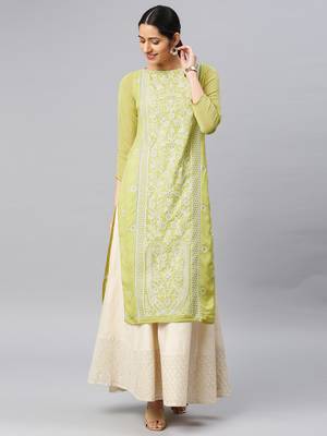 Lime embroidered cotton chikankari-kurtis 1