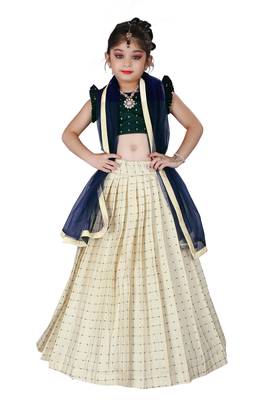 Kids Cotton Silk Green Blouse And White Lehenga Choli Set  1