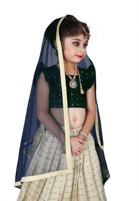 Kids Cotton Silk Green Blouse And White Lehenga Choli Set  2