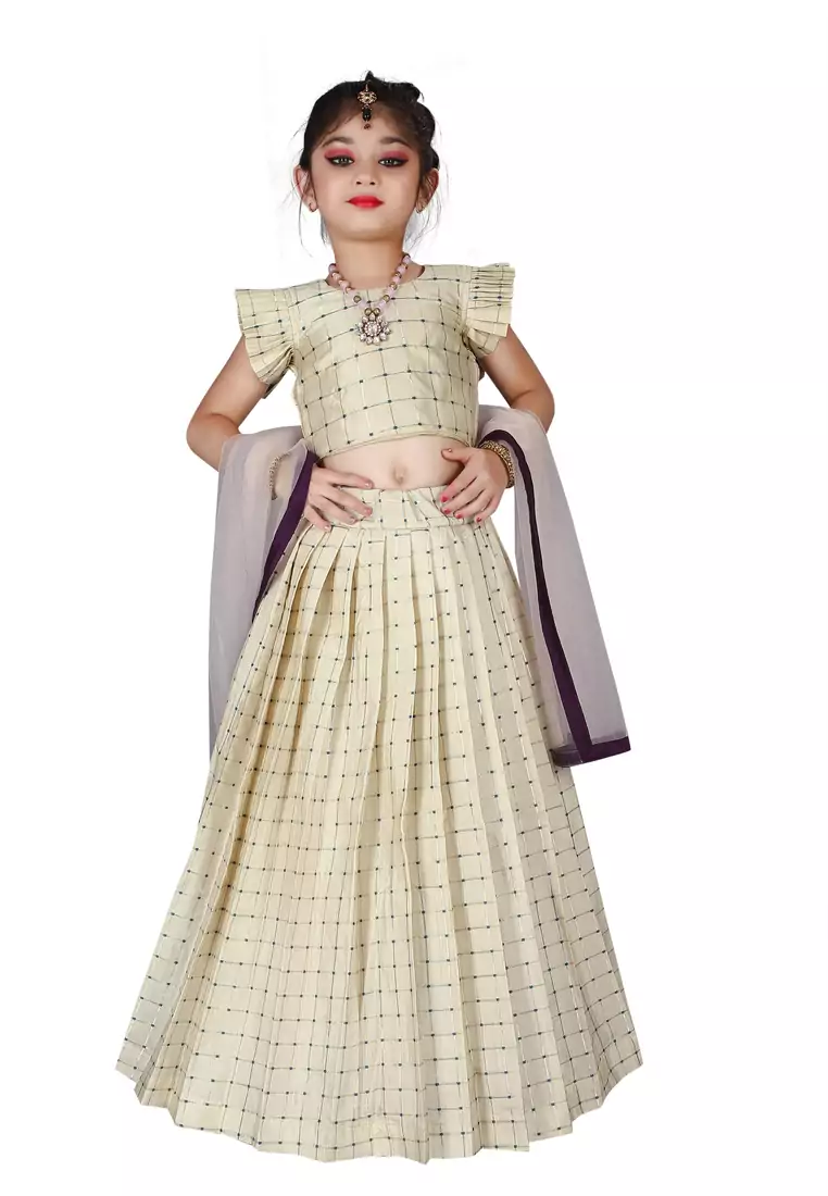 Kids Cotton Silk White Lehenga Choli Set 