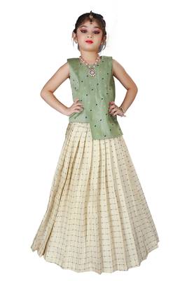 Kids Cotton Silk Pista Top And White Lehenga Choli Set  1